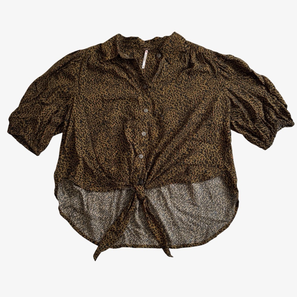 Free People Celia Brown Leopard Print Button-Down Tie Front Top Size XS